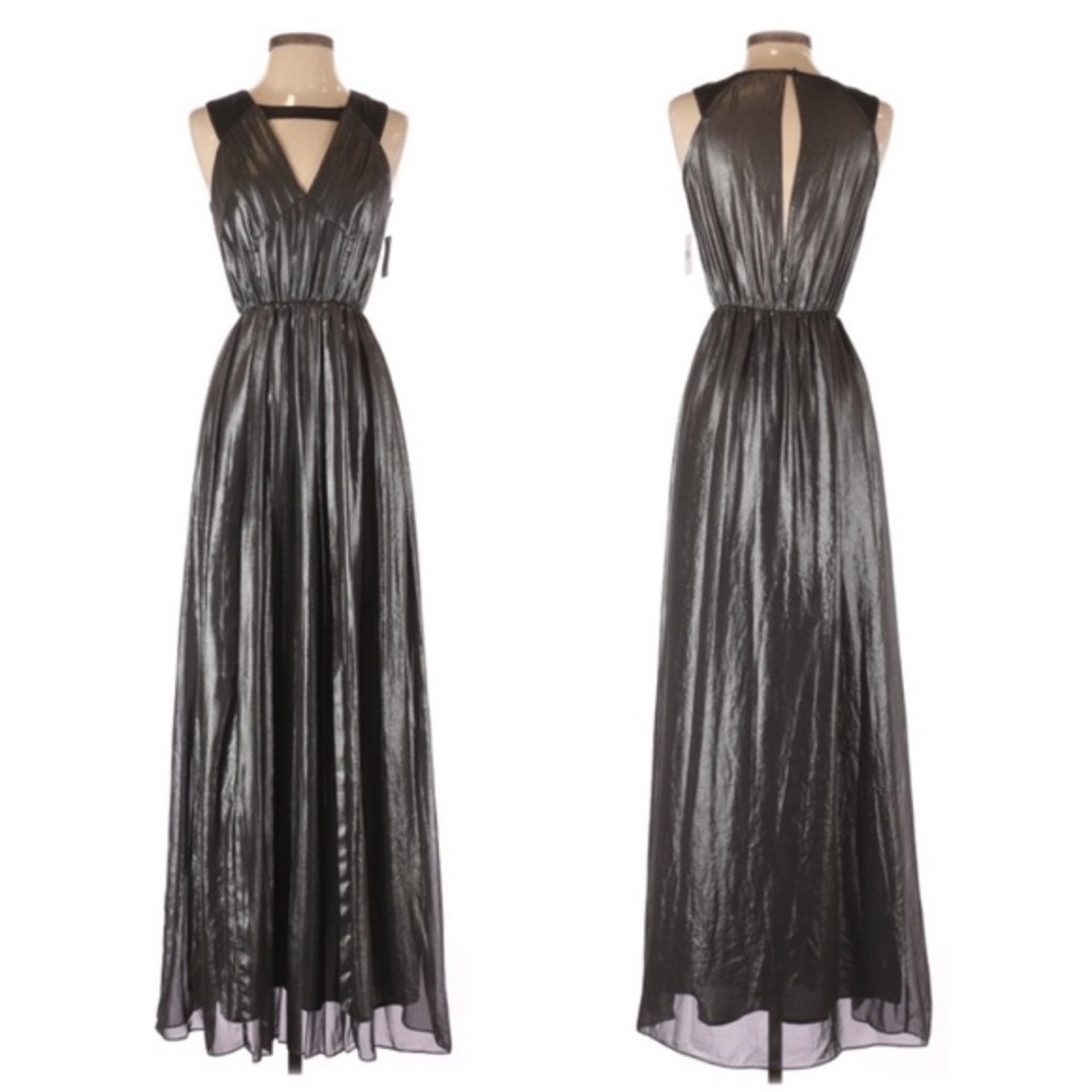 BCBGeneration Pleated Evening Gown in metallic Silver